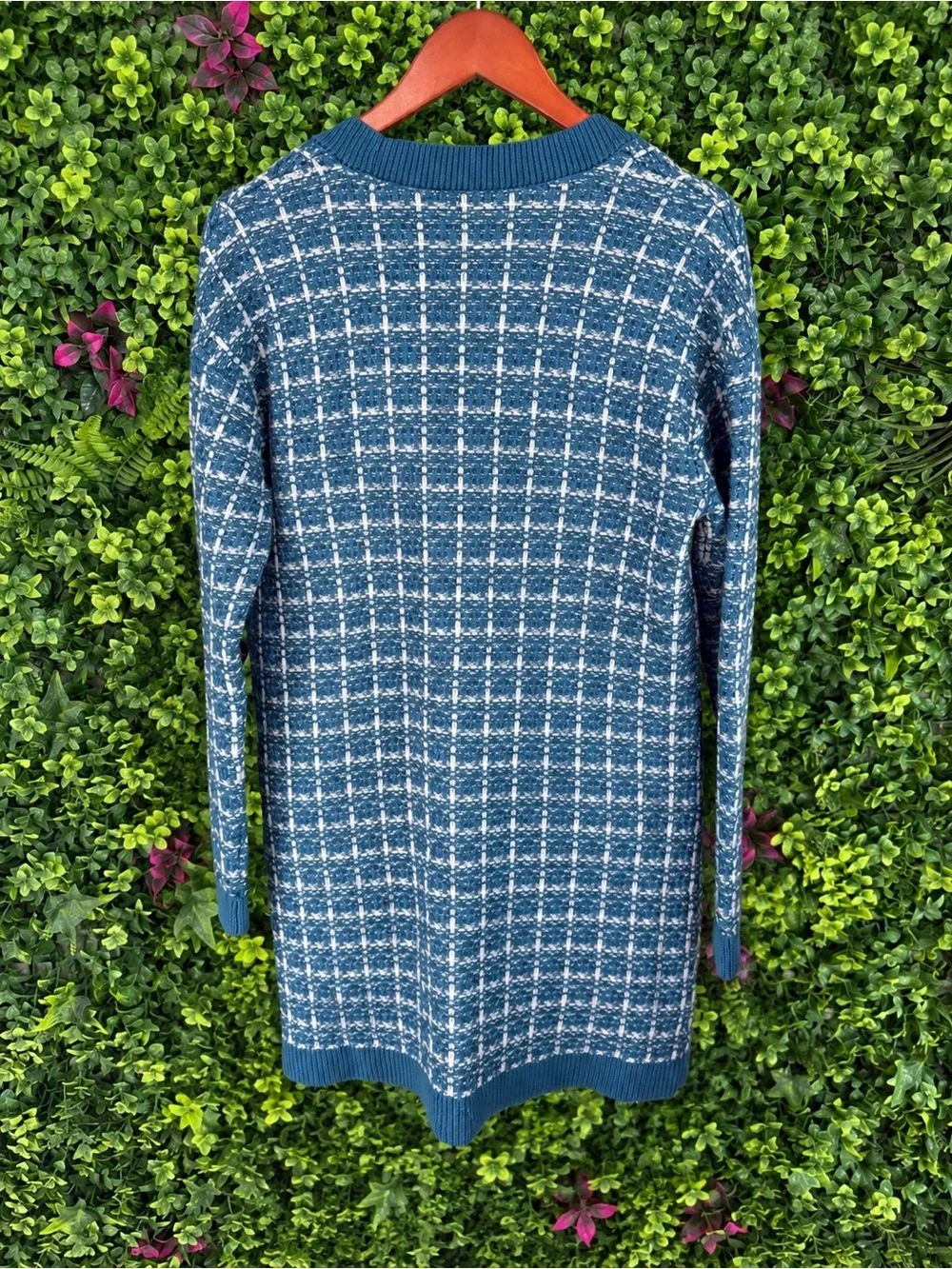 Talbots Pure Merino Wool Long Cardigan XS-M Blue White Gold Button Coatigan